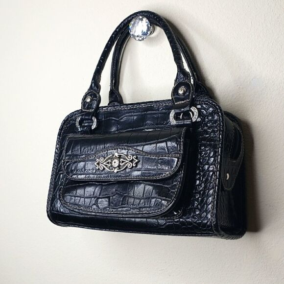 Black Faux Snake Embossed Vegan Leather Handbag - Picture 3 of 14